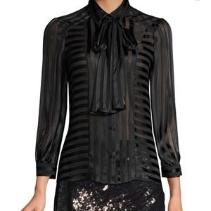 Alice & Olivia Willis Tie-neck sheer black blouse.